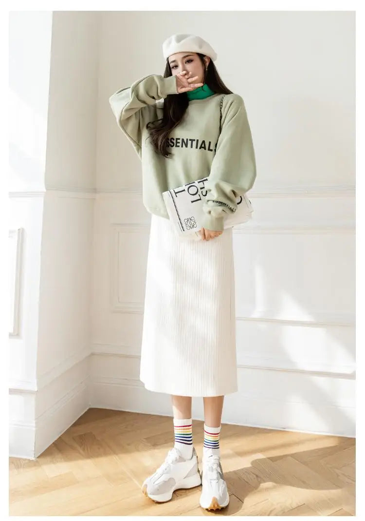 Korean Fashion Black White Elegant Office Thick Skirt Women Autumn Winter Brown Slim High Waist Velvet Knitted Long Skirts Trend