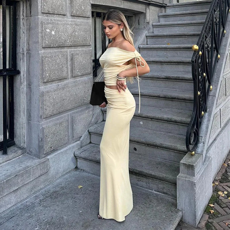 Sexy Skirt Two Pieces Sets For Women Sleeveless Slim Fit Off-shoulder Crop Top And Long Skirt Sexy Two Pieces Sets