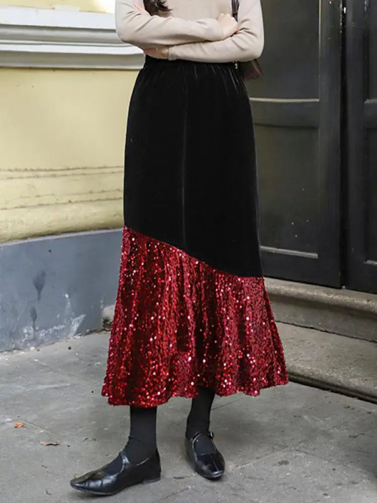 Autumn Winter French Vintage Sequin Patchwork Velvet Fishtail Long Skirts Women's 2024 Elegant High Waist Festival Skirt Street