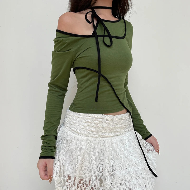 Asymmetrical Folds Spliced Female T-shirt Slim Long Sleeve Stitch Top Halter Neck Korean Casual Autumn Tee Shirt New