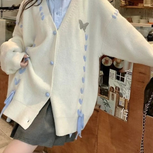 Load image into Gallery viewer, Autumn Grunge Butterfly Knitted Cardigans Y2k Aesthetic Single Breasted Coats Harajuku Bandage Women Kawaii JK Sweaters Jumper
