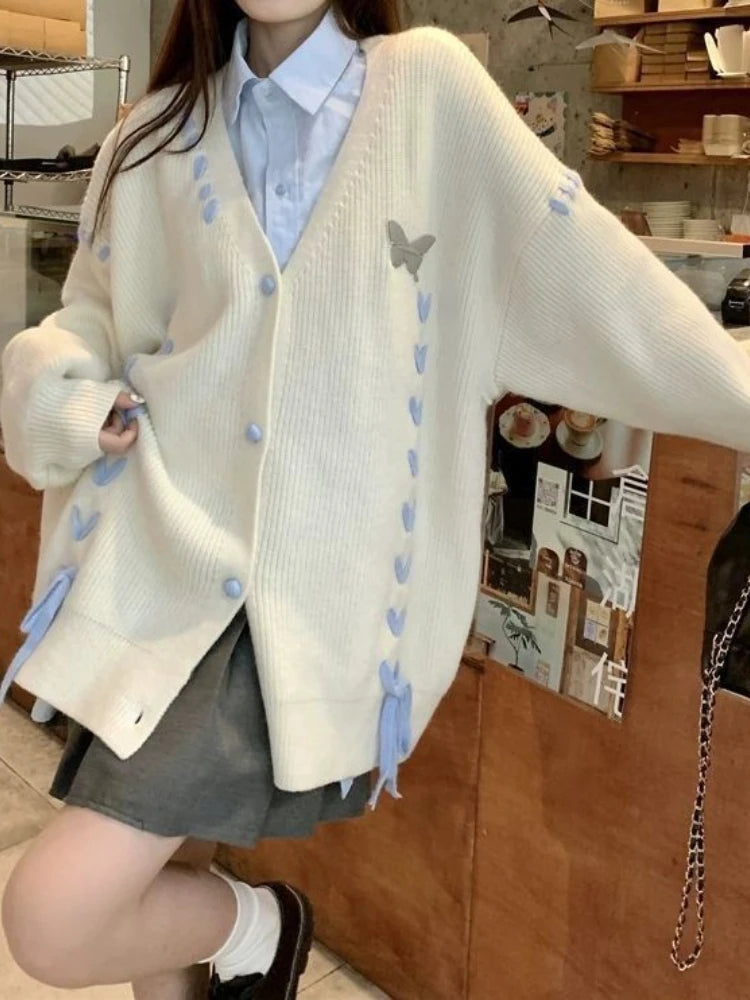Autumn Grunge Butterfly Knitted Cardigans Y2k Aesthetic Single Breasted Coats Harajuku Bandage Women Kawaii JK Sweaters Jumper