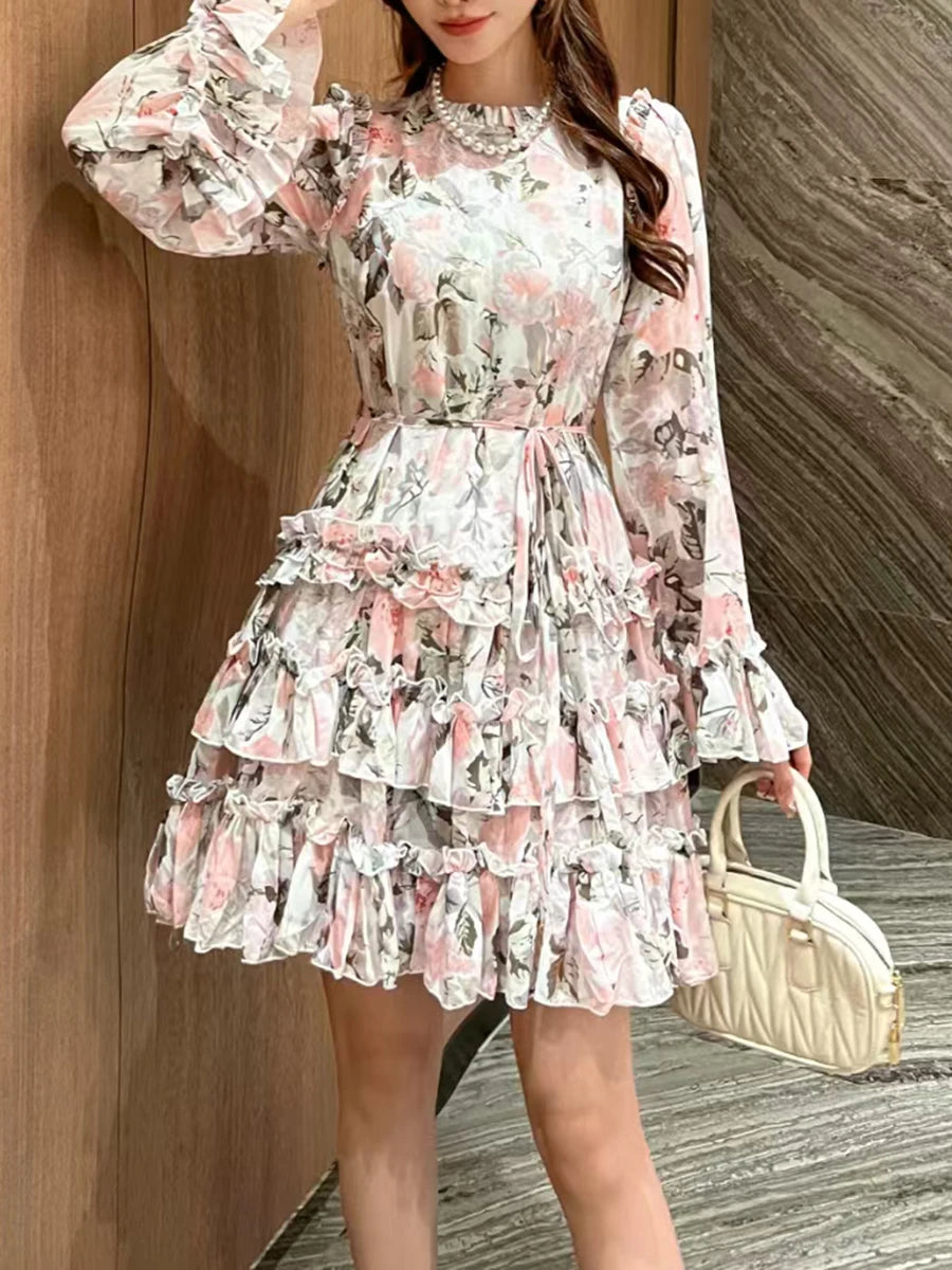 Hit Color Spliced Lace Up Slimming Dresses For Womne O Neck Long Sleeve High Waist Temperament Dress Female Fashion