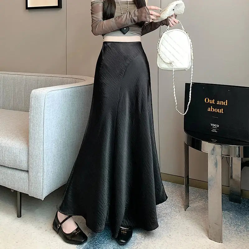 Spring Summer Solid High Waist Wrap Hip Pleated Fishtail Long Skirt Korean Fashion Women Versatile A-line Half Skirt Popular New
