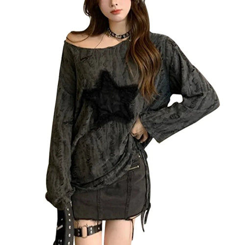 Load image into Gallery viewer, y2k Gothic Tops 2000s Women Clothes Drawstring Star Patch Ripped Long Sleeves T Shirts Grunge Clothing Streetwear
