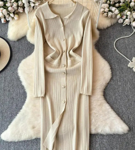 Autumn 2024 New Women's Solid Single Breasted Knitted Long Dress French Elegant Office Lady Long Sleeve Dress Simplicity Popular