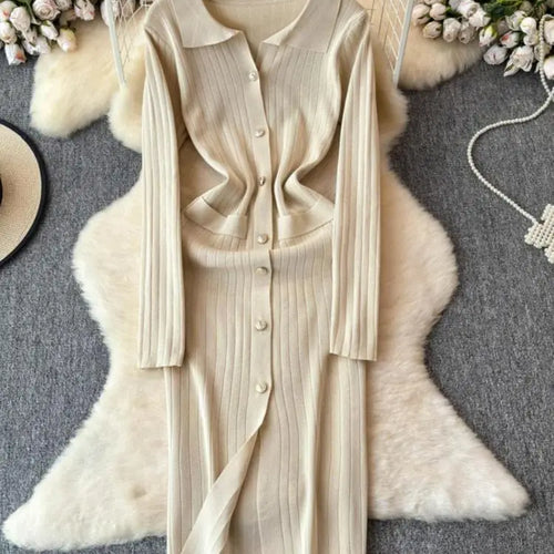 Load image into Gallery viewer, Autumn 2024 New Women's Solid Single Breasted Knitted Long Dress French Elegant Office Lady Long Sleeve Dress Simplicity Popular
