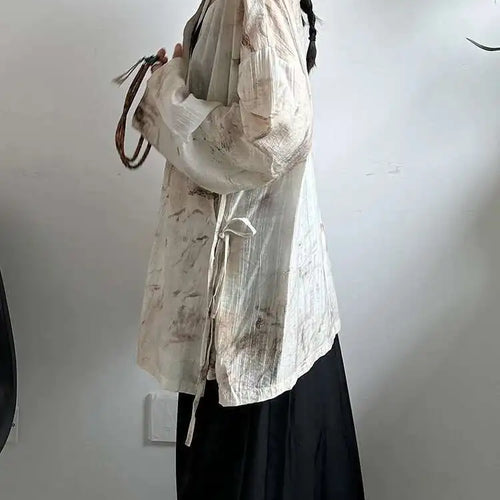 Load image into Gallery viewer, Women Apricot Printed Bandage Big Size Vintage Blouse New V-neck Long Sleeve Shirt Fashion Tide Spring Autumn 2025 1DJ0468
