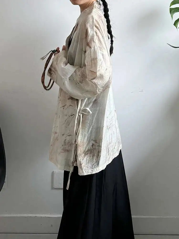 Women Apricot Printed Bandage Big Size Vintage Blouse New V-neck Long Sleeve Shirt Fashion Tide Spring Autumn 2025 1DJ0468