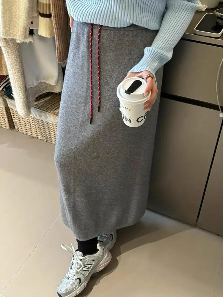 Korean Solid Drawstring Lace-up Elegant High Waist Long Skirt Women Versatile Split Skirt Streetwear 2024 Fashion Autumn Winter