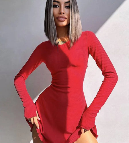 Ribbed Long Sleeve Sexy Mini Dress For Women Autumn Winter New O Neck Bandage Lace-up Fashion Elegant Dress Vestidos