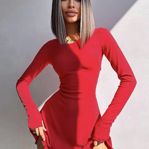 Load image into Gallery viewer, Ribbed Long Sleeve Sexy Mini Dress For Women Autumn Winter New O Neck Bandage Lace-up Fashion Elegant Dress Vestidos
