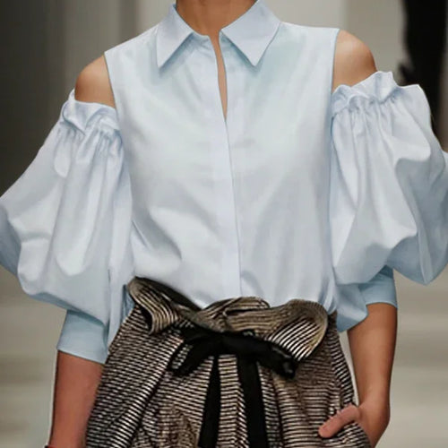 Load image into Gallery viewer, Fashion Women Tuxedo Blouse Shirts 2025 Summer Soild Color Cold Shoulder Office Party Leisure Black Tops for Women
