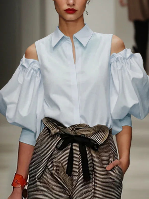 Fall Spring Feamle Tuxedo Shirts Tops 2025 Summer Cold Shoulder Chic Vintage Office Party Leisure Blouses for Women