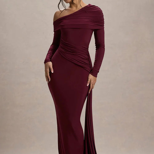 Load image into Gallery viewer, Skew Collar Long Sleeve Sexy Maxi Dress For Women Gown Fashion Backless Draped Ruched Bodycon Club Long Dress Elegant
