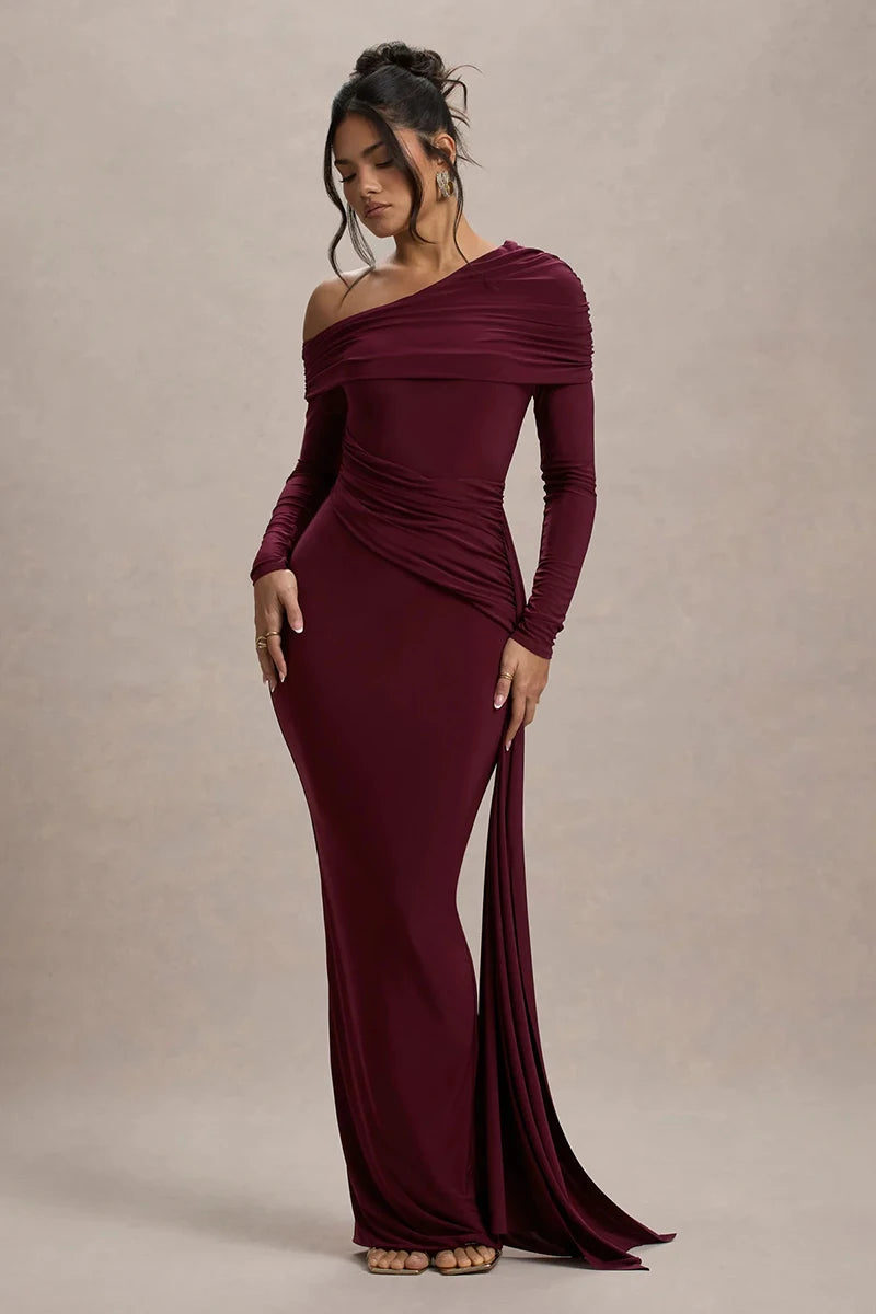 Skew Collar Long Sleeve Sexy Maxi Dress For Women Gown Fashion Backless Draped Ruched Bodycon Club Long Dress Elegant