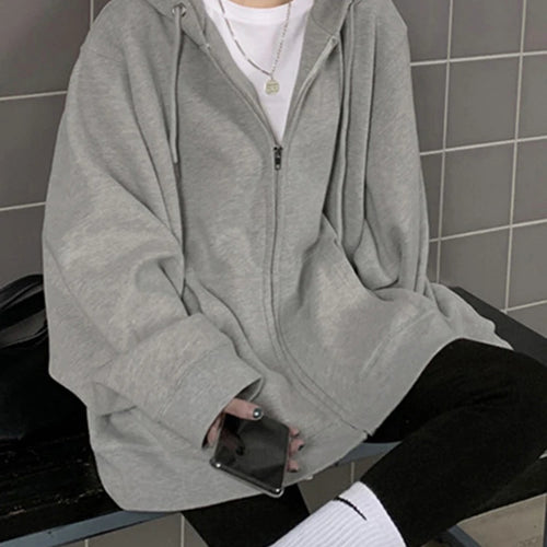 Load image into Gallery viewer, Grey Autumn Zip-up Basic Women&#39;s Sweatshirts Solid Color Drawstring Pockets Loose Simple Female Hoodies Office Ladies
