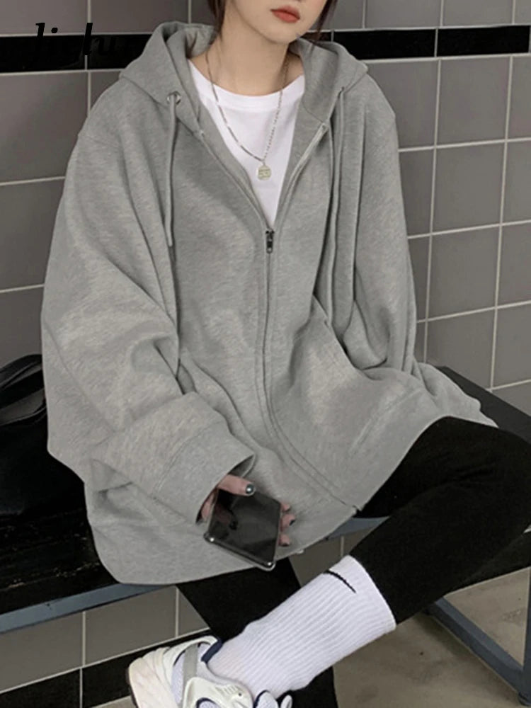 Grey Autumn Zip-up Basic Women's Sweatshirts Solid Color Drawstring Pockets Loose Simple Female Hoodies Office Ladies