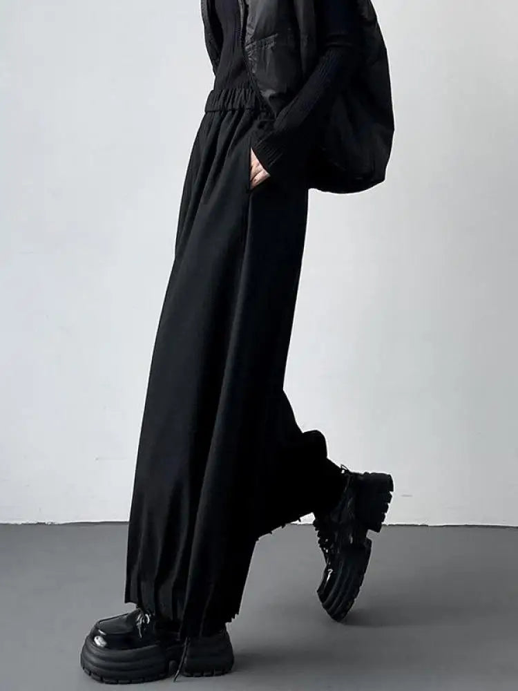 Women Black High Waist Pleated Woolen Ankle-length Pant Grey Versatile Wide Leg Trousers 2024 Autumn Winter Streetwear Simple