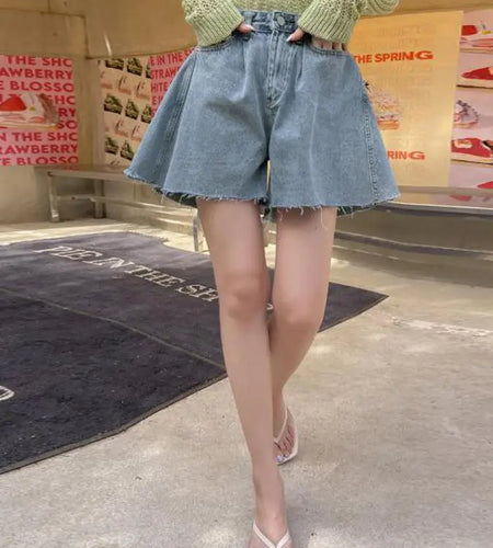 Black Washed Wide-leg Denim Shorts Woman All-match Blue Streetwear Fashion Casual Button Pockets High Waist Summer Korean Style