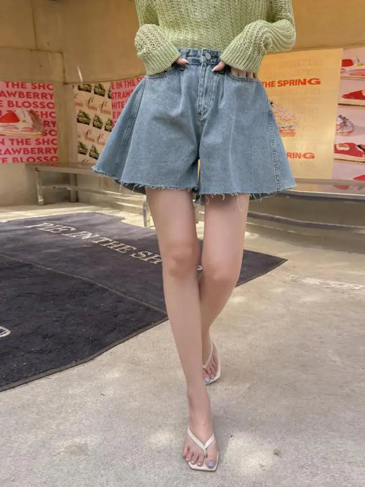 Black Washed Wide-leg Denim Shorts Woman All-match Blue Streetwear Fashion Casual Button Pockets High Waist Summer Korean Style