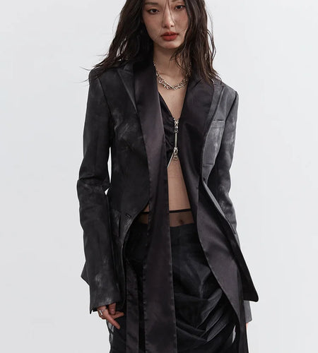 Women Dark Gray Pu Leather Irregular Slit Blazer New Lapel Long Sleeve Jacket Fashion Tide Spring Autumn 2025 1DH4722
