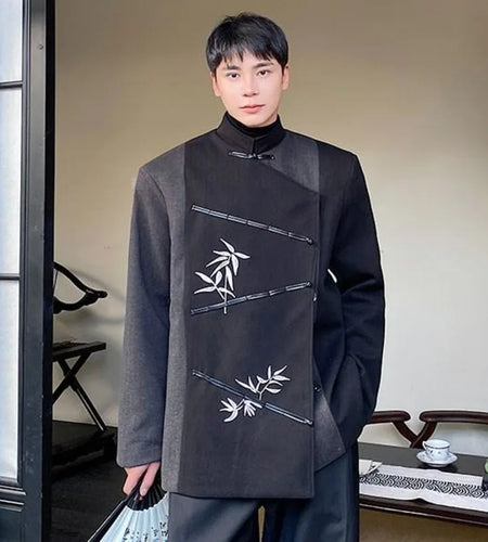 Retro Style Suit Jacket Embroidery Color Blocking Loose Blazers Men's Chinese Stand Collar Thickening 2024 Winter 9C8720