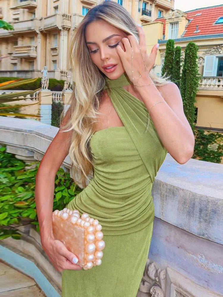Halter Strapless Sexy Maxi Dress For Women Fashion Green Off-shoulder Backless Sleeveless Bodycon Elegant Long Dress
