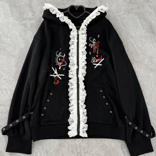 Load image into Gallery viewer, Japanese Jackets Women Clothing Harajuku Streetwear Outwear Cute Y2k Tops Hooded Patchwork Lace Fashion Casual Coats Ropa Mujer
