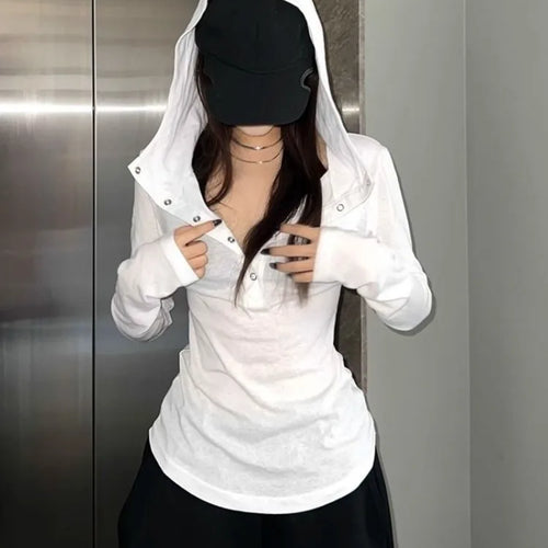 Load image into Gallery viewer, Solid See Through Sexy Hooded Tops Vintage Bottoming Harajuku T-shirt Women Y2k Aesthetic Single Breasted Grunge Tees Streetwear
