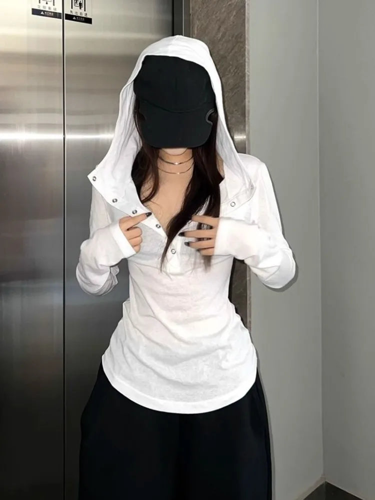 Solid See Through Sexy Hooded Tops Vintage Bottoming Harajuku T-shirt Women Y2k Aesthetic Single Breasted Grunge Tees Streetwear