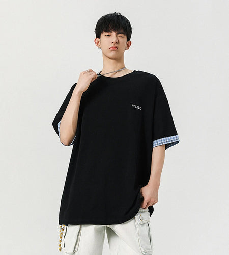 Men's T-shirts Short Sleeve New Summer American Style Plaid Contrast Color Patchwork Round Neck Trendy Male Tees 9W1946