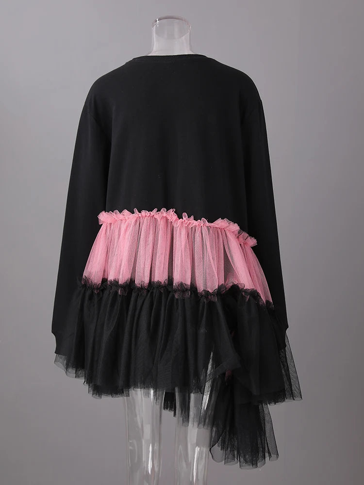 Women Balck Mesh Ruffles Irregular Big Size Mini Dress New Round Neck Long Sleeve Fashion Tide Spring Autumn 2025 CPG3045