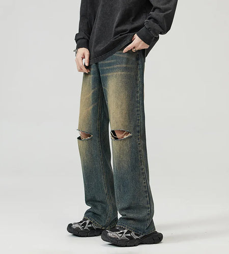 Men's Jean Wear American Cleanfit Knee Hole Jeans Solid Color Full Length Loose Straight Leg Pants Fashion Trendy 9W1310