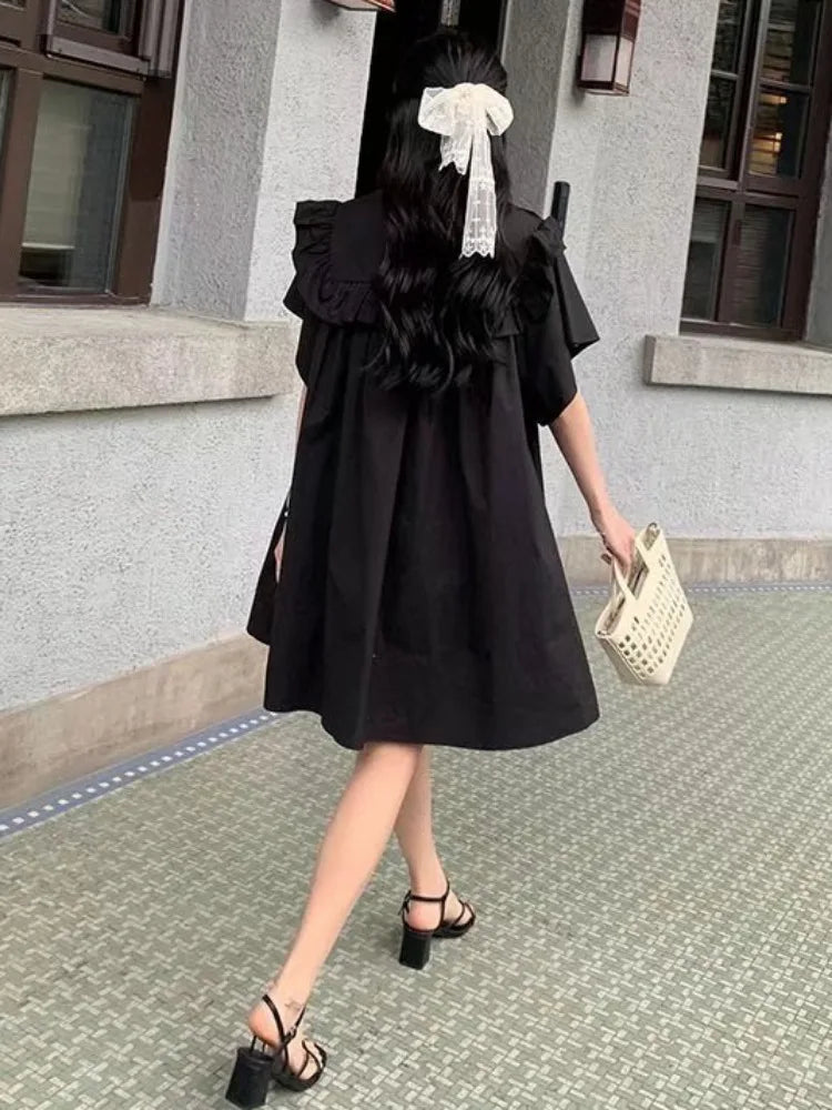 Casual Kawaii Ruffles Oversize Ruched Dress School Korean Style Loose Mini Short Dresses Women Autumn Fashion New In