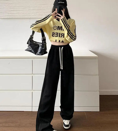 Women Black Velvet Elegant Drawstring Lace-up Baggy Cotton Long Pant Winter Grey High Waist Loose Wide Leg Oversize Trousers