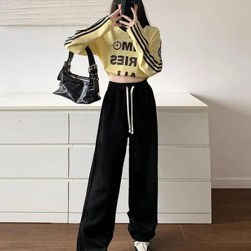 Load image into Gallery viewer, Women Black Velvet Elegant Drawstring Lace-up Baggy Cotton Long Pant Winter Grey High Waist Loose Wide Leg Oversize Trousers
