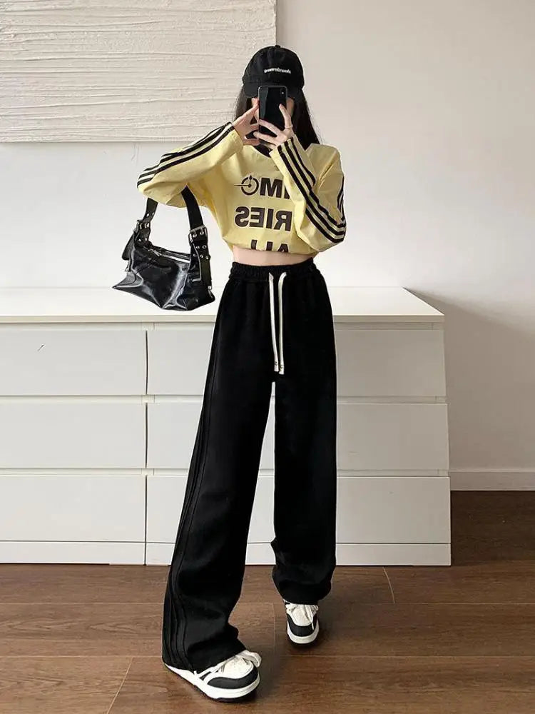 Women Black Velvet Elegant Drawstring Lace-up Baggy Cotton Long Pant Winter Grey High Waist Loose Wide Leg Oversize Trousers