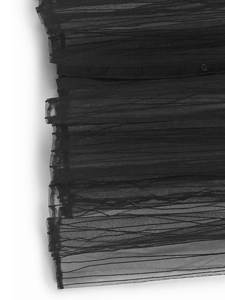 Women Black Mesh Perspective Midi Elegant Shirt Dress New Lapel Short Sleeve Fashion Tide Spring Summer 2025 1DJ0866