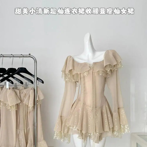 Load image into Gallery viewer, French Vintage Women's Khaki Sequins Long Sleeved Elegant Pleated Short Dress Autumn Winter Sweet Ruffles Mini Princess Dresses
