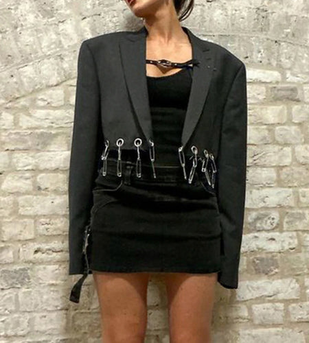 Fashion Design Black Blazer Jacket Cropped Cardigan Elegant Eyelet Pins Autumn Coat Female Punk Grunge Chic Jackets