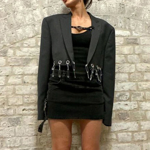 Load image into Gallery viewer, Fashion Design Black Blazer Jacket Cropped Cardigan Elegant Eyelet Pins Autumn Coat Female Punk Grunge Chic Jackets
