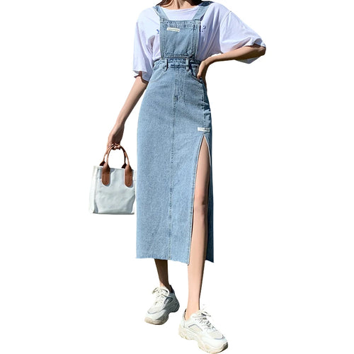 Load image into Gallery viewer, Casual Denim Dress Women Korean Style Solid Spaghetti Strap Dresses Pocket Streetwear Preppy Girl Student Dress Vestido Feminino

