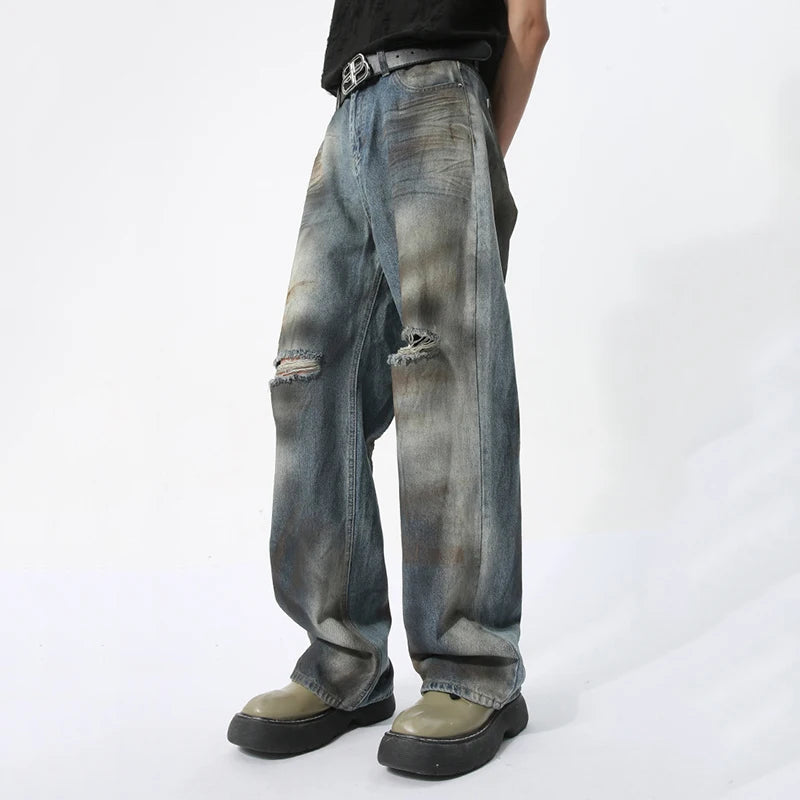 Men's Shredded Jeans Casual Retro Style Dirty Fashion Hole Design Loose Straight Wide Leg Pants Summer 9C5740