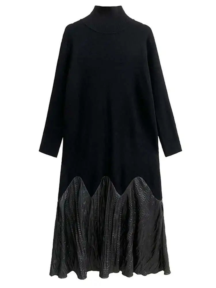 Women Black Knitting Pleated Big Size Long Dress New Turtleneck Long Sleeve Fashion Tide Spring Autumn 2025 1DH1599