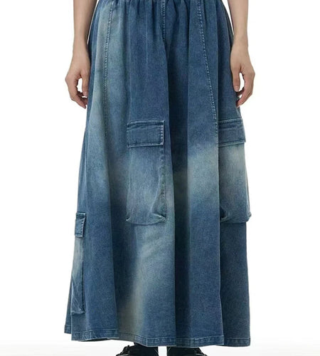 High Elastic Waist Blue Pocket Denim Vintage A-line Half-body Skirt Women Fashion Tide New Spring Autumn 2025 1DH9644