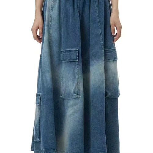 Load image into Gallery viewer, High Elastic Waist Blue Pocket Denim Vintage A-line Half-body Skirt Women Fashion Tide New Spring Autumn 2025 1DH9644
