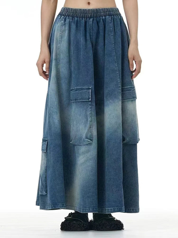 High Elastic Waist Blue Pocket Denim Vintage A-line Half-body Skirt Women Fashion Tide New Spring Autumn 2025 1DH9644