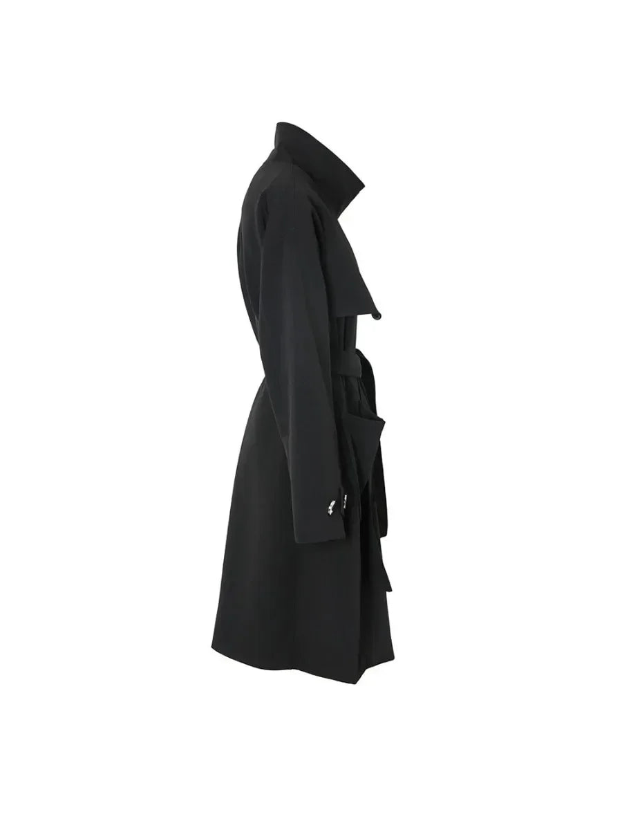 Solid Spliced Button Chic Trench for Women Stand Neck Long Sleeve High Waist Elelgant Long Coats Female