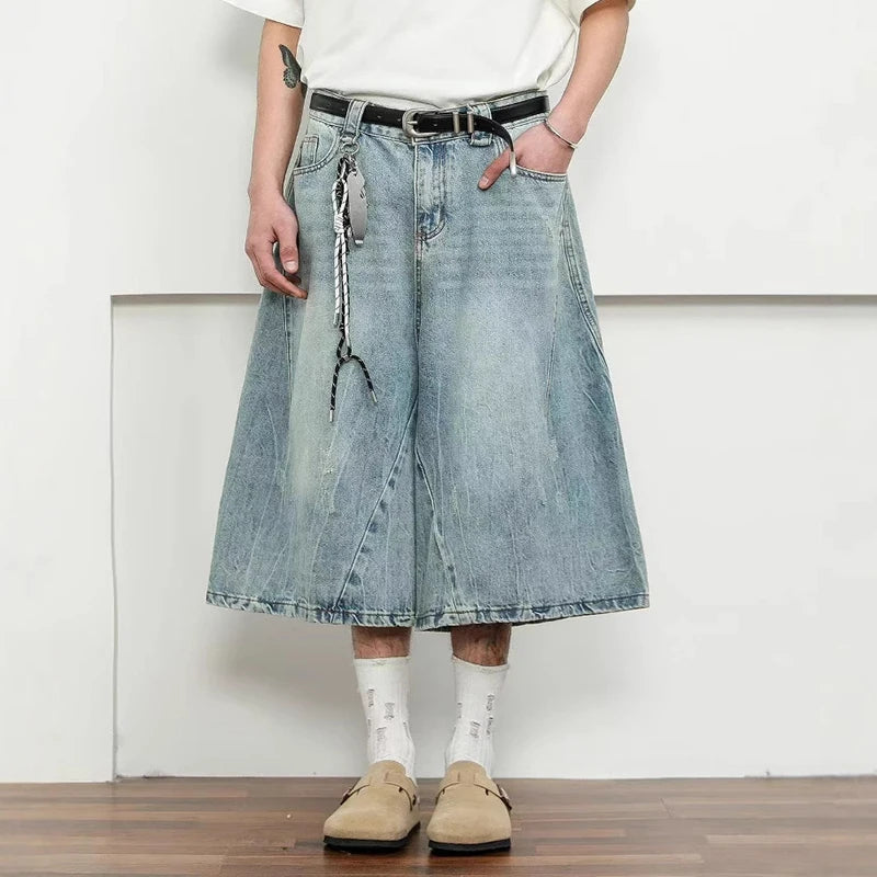 Men's Denim Shorts New American Hign Street Style Washed Loose Pants Solid Color Trendy Wide Leg Male Bottoms 9W1697